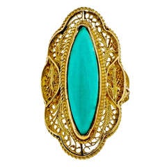 Vintage Marquise Persian Turquoise Gold Filigree Ring