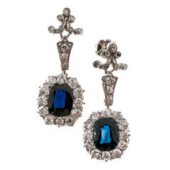 Victorian Natural  Sapphire Diamond Platinum Dangle Earrings