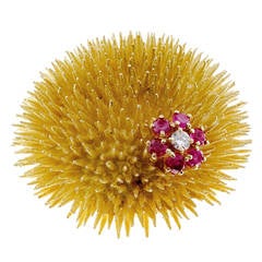 Tiffany & Co. Ruby Full Cut Diamond Gold Sea Urchin Pin
