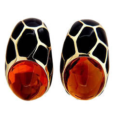 Black Enamel Citrine Gold Curved Clip Post Earrings 12