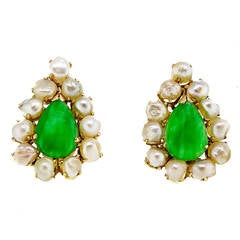 Natural Jadeite Jade Natural Pearl Gold Earrings 8