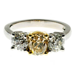 Three Stone Natural Cushion Fancy Yellow Diamond Platinum Ring 9