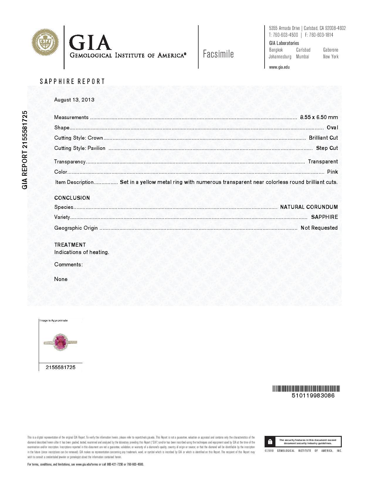 Anillo de compromiso de oro con halo de diamantes blancos y zafiro rosa certificado por GIA de 2,41 quilates en venta 1