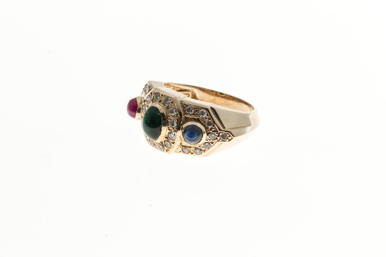 Byzantine Style Cabochon Emerald Ruby Sapphire Diamond Gold Ring In Good Condition In Stamford, CT