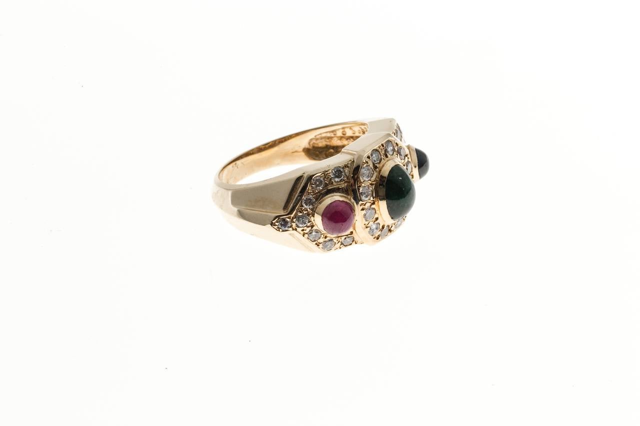 Women's Byzantine Style Cabochon Emerald Ruby Sapphire Diamond Gold Ring