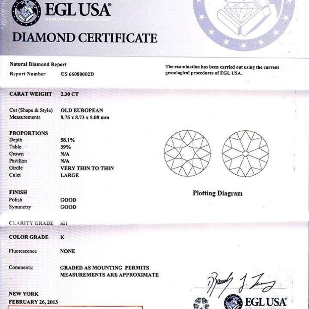 EGL Certified 2.30 Carat Edwardian Old European Diamond Platinum Engagement Ring In Good Condition In Stamford, CT