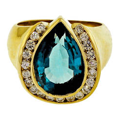 Retro London Blue Topaz Pear Shaped Diamond Gold Ring