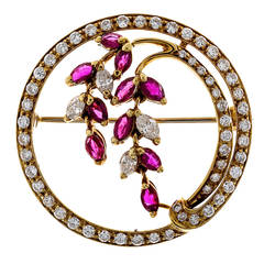 Italian Ruby Diamond Gold Flower Design Round Pin