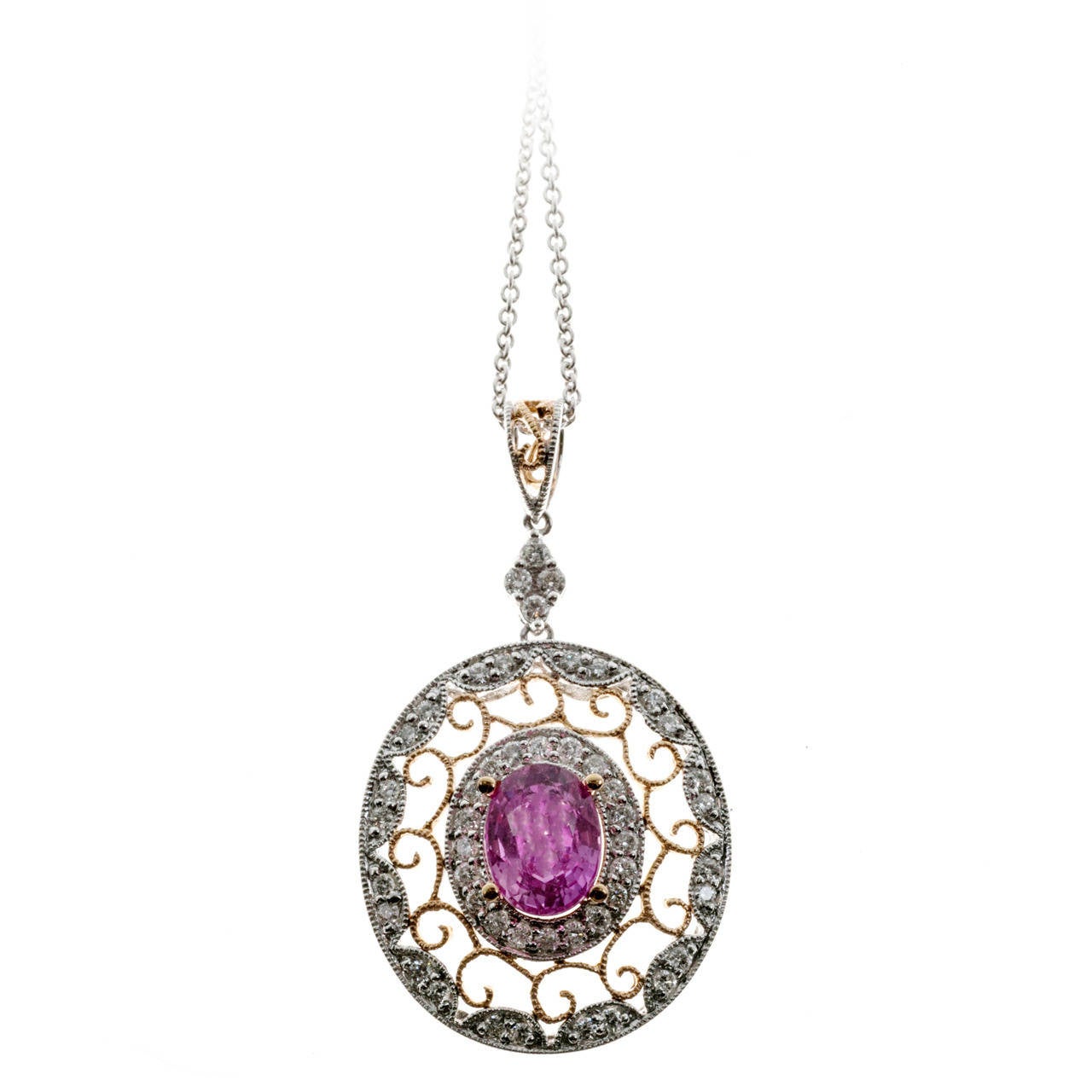 Pink Sapphire Diamond Gold Chain Pendant For Sale at 1stdibs