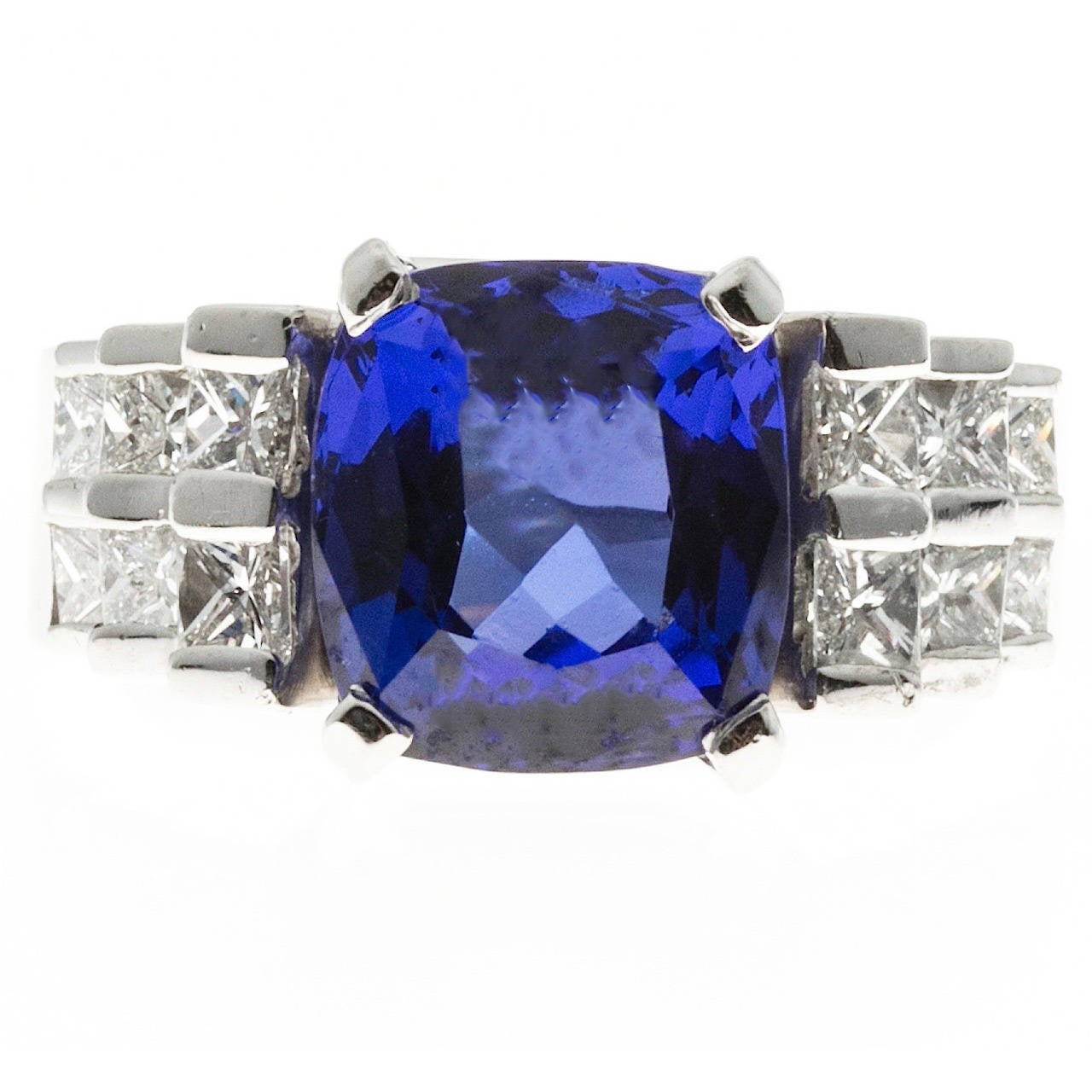 Cushion Blue Tanzanite Princess Diamond Platinum Ring For Sale at 1stdibs