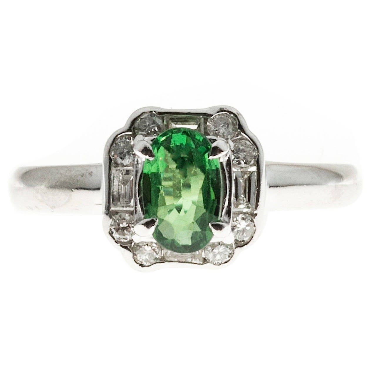 Art Deco Green Tsavorite Garnet and Diamond Platinum Ring