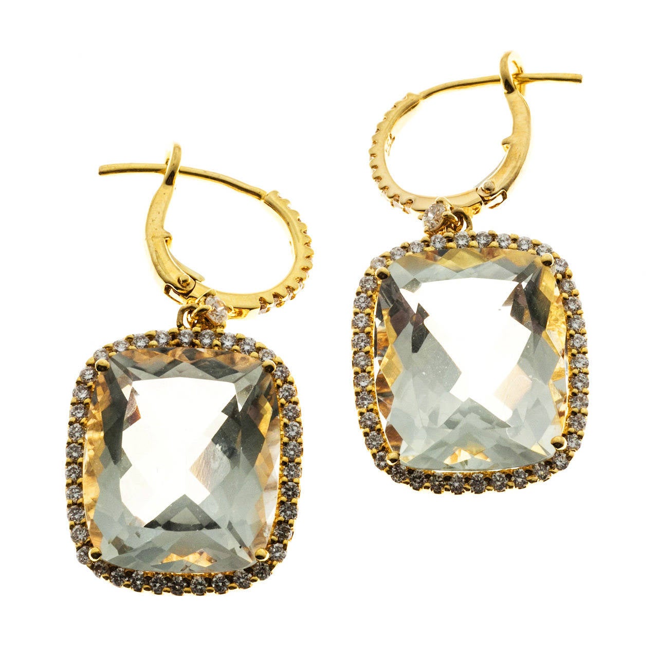 Euro wire tops and filigreed basket bottoms set with a total of 124 round high quality full cut diamonds in handmade 18k yellow gold settings. Each earring is set with a beautiful rare lightly colored slightly bluish green cushion cut quartz for a