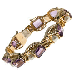 Retro Emerald Cut Amethyst Akoya Pearl Gold Bracelet 7
