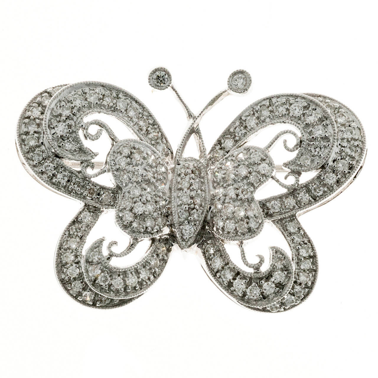 18k white gold pave set diamond butterfly open work pin brooche.   Circa 1960.

123 round diamonds approx. total weight 1.00cts all full cut, F, VS1 to SI1.
18k White Gold
Stamped 18k=750.
9.5 grams.
7/8 x 1 ¼ inches.