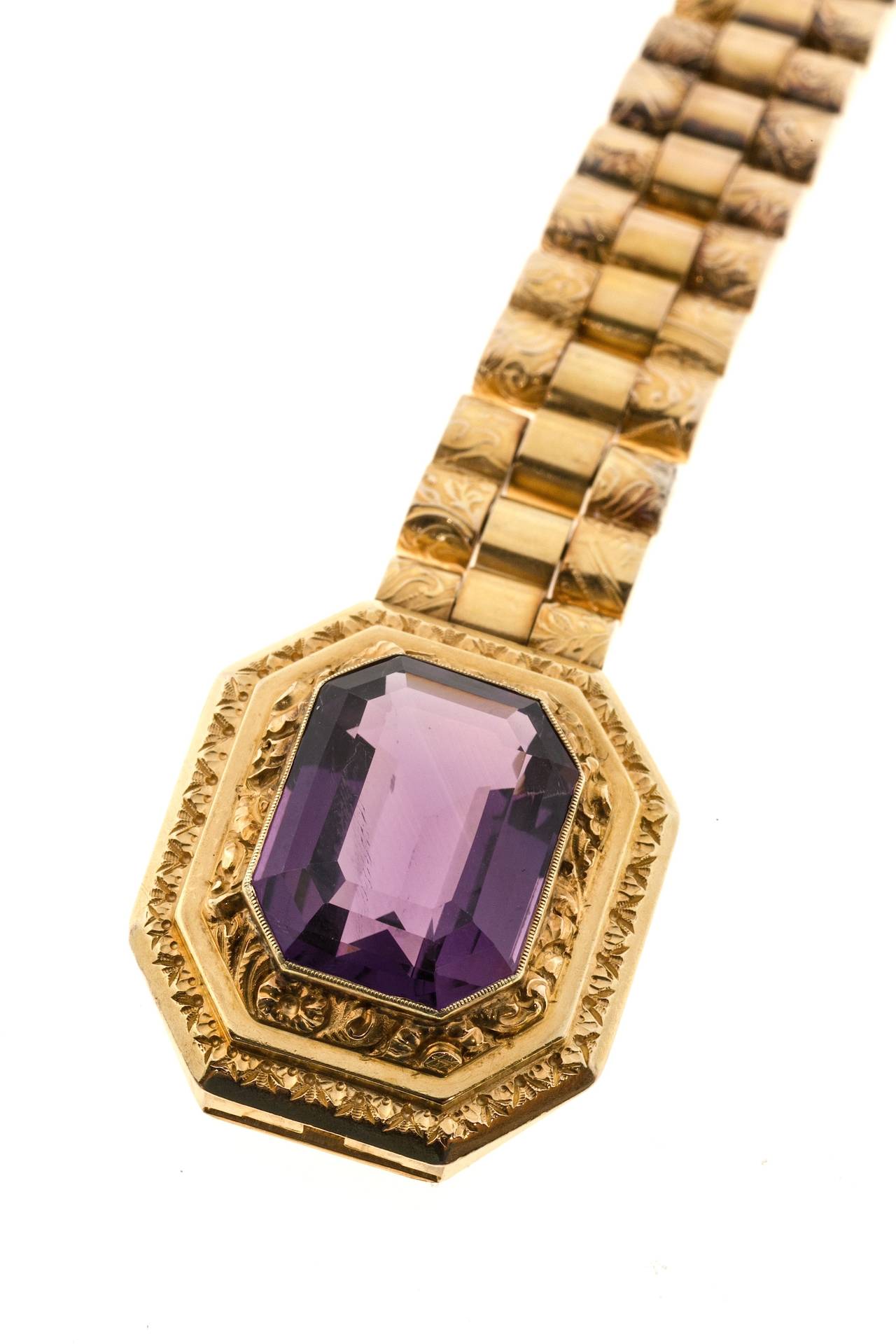 Edwardian Engraved Emerald Cut Amethyst Hinged Link Gold Bracelet