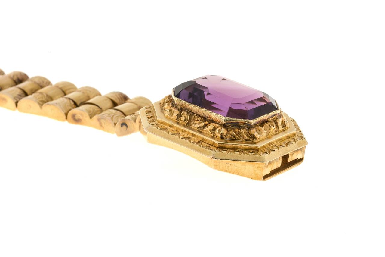 Engraved Emerald Cut Amethyst Hinged Link Gold Bracelet In Good Condition In Stamford, CT