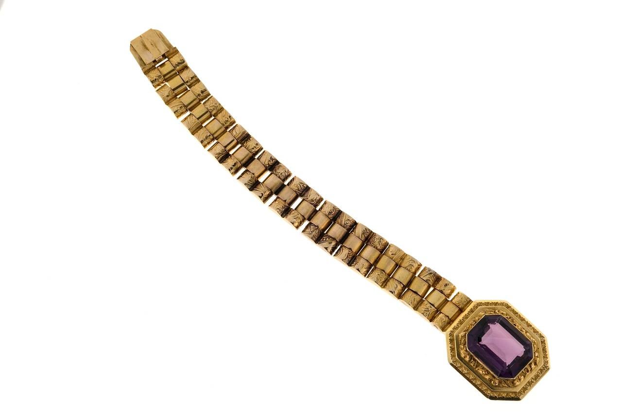 Women's Engraved Emerald Cut Amethyst Hinged Link Gold Bracelet