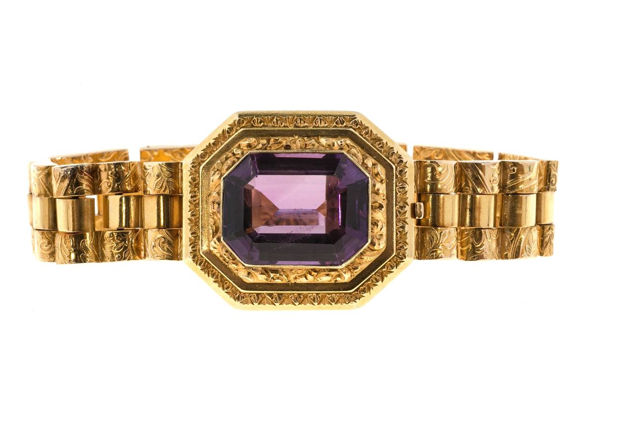 Engraved Emerald Cut Amethyst Hinged Link Gold Bracelet 4