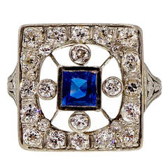 Antique Art Deco Sapphire Diamond Gold Platinum Square Ring