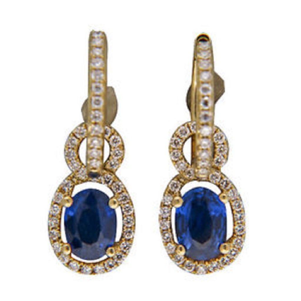 Cornflower blue Sapphire huggie style dangle earrings. The sapphire sections can be removed. Top quality material and workmanship.

2 oval Sapphires approx. total weight1.75cts, 7 x 5mm
84 full cut diamonds approx. total weight .55cts, F, VS
14k