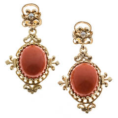 Coral Pearl Gold Dangle Earrings