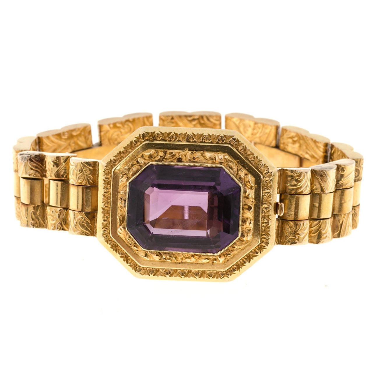 Engraved Emerald Cut Amethyst Hinged Link Gold Bracelet