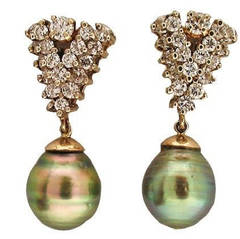Black South Sea Baroque Pearl Diamond Gold Earrings 12