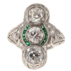 Art Deco Three Diamond Emerald Platinum Ring 1