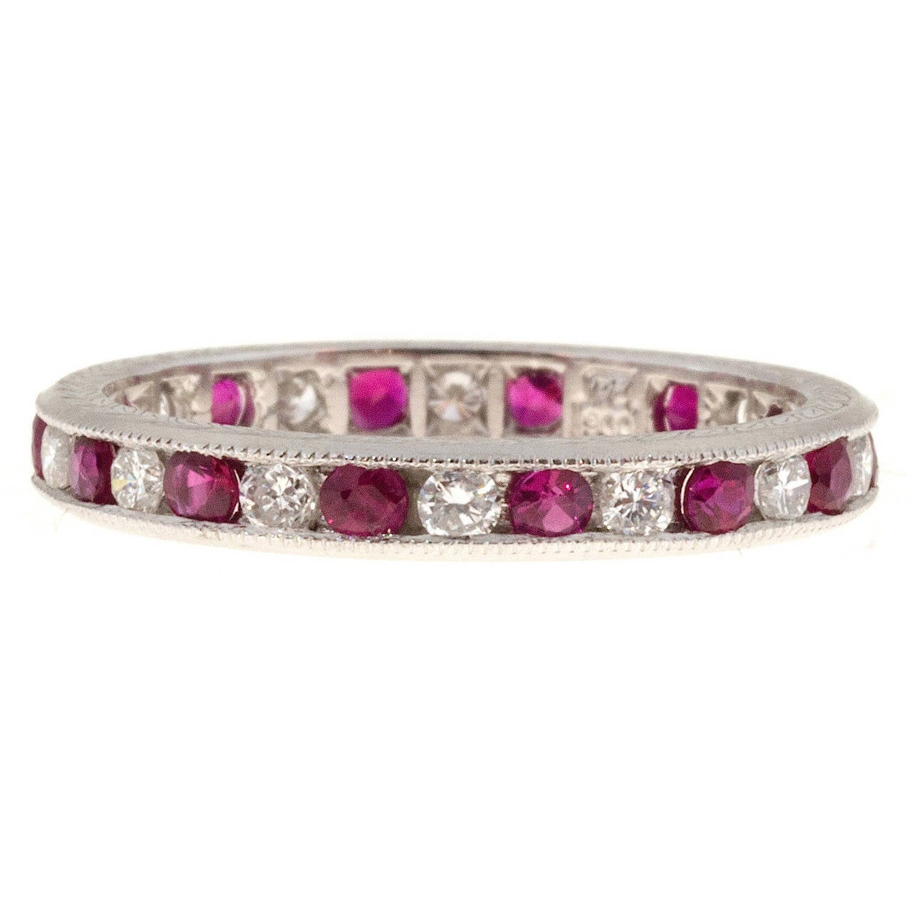 Engraved Ruby Diamond Platinum Channel Band Ring For Sale at 1stdibs
