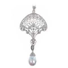 Edwardian South Sea Baroque Pearl Pave Diamond Platinum Pendant Chain 11