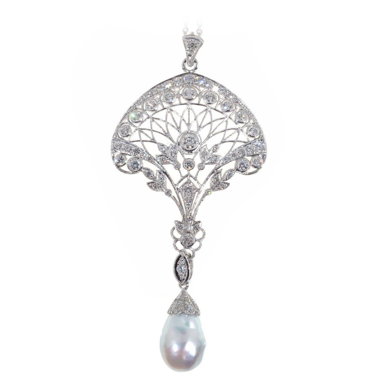 Edwardian South Sea Baroque Pearl Pave Diamond Platinum Pendant Chain
