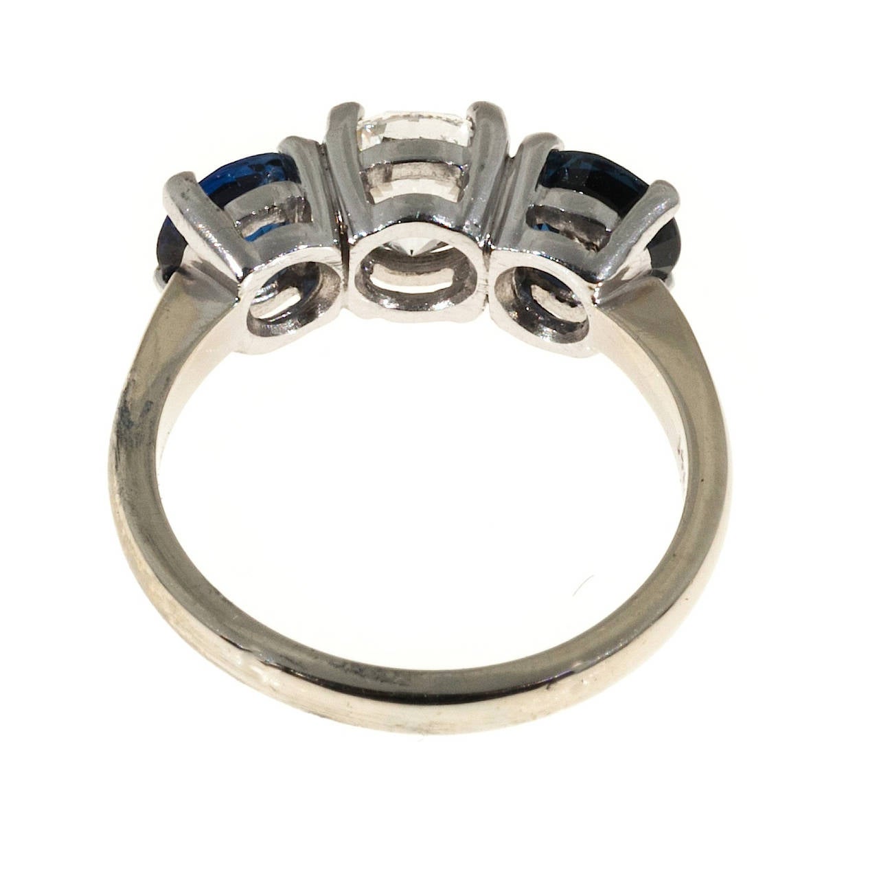 Modern Three Stone Diamond and Blue Sapphire Platinum Gold Ring