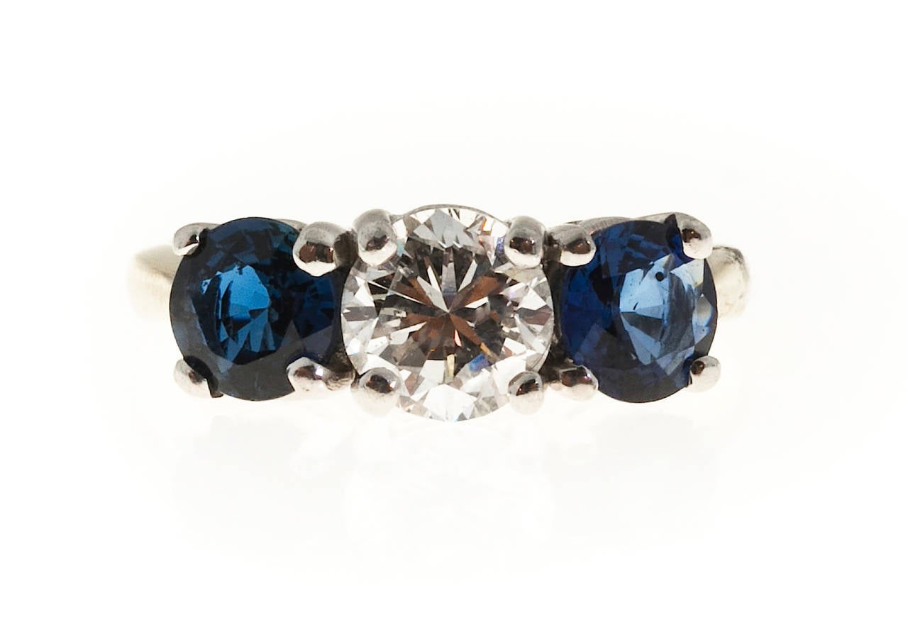 Three Stone Diamond and Blue Sapphire Platinum Gold Ring In Good Condition In Stamford, CT