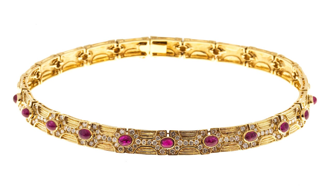 Art Deco Oval Ruby Diamond Gold Hinged Link Necklace