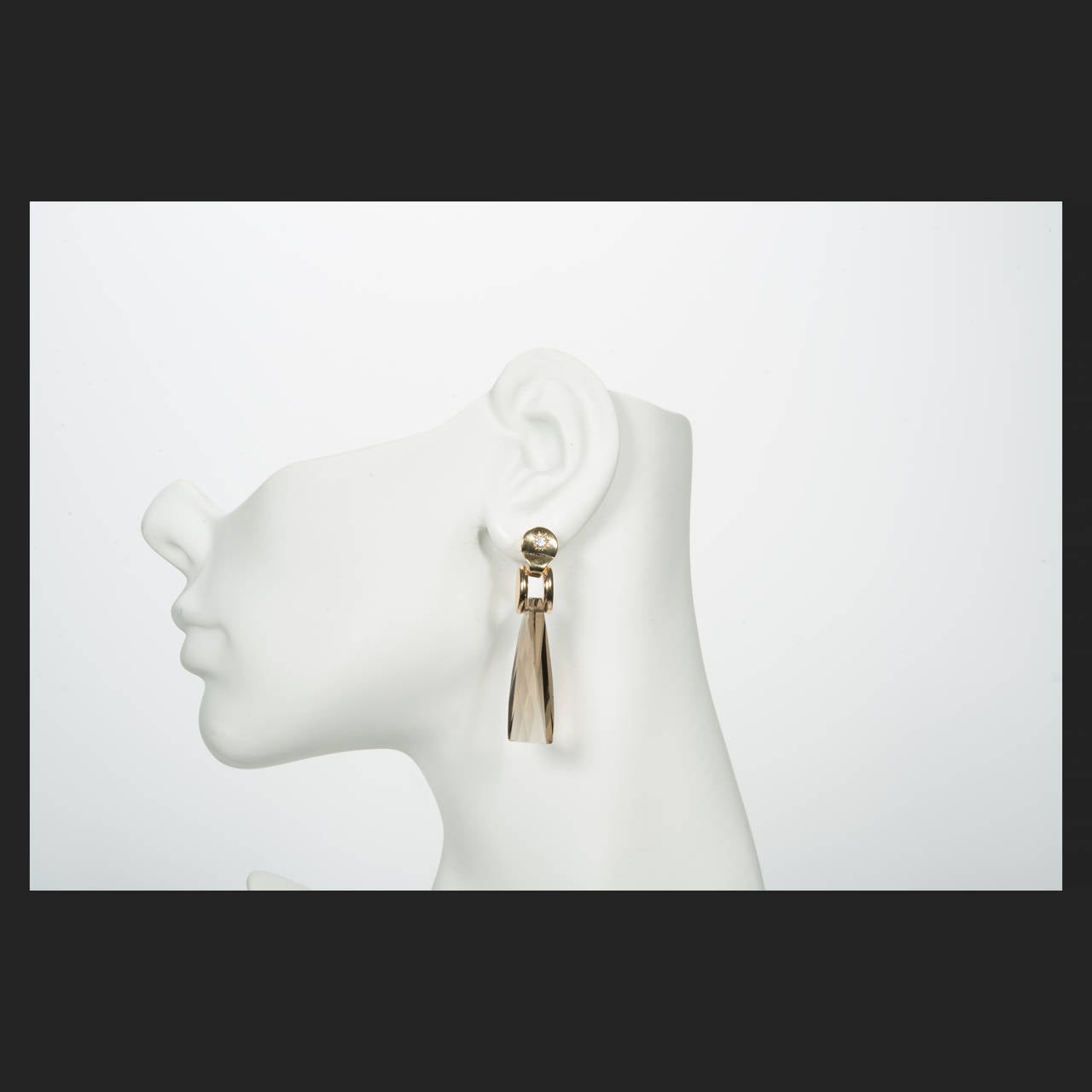 Modern Smoky Quartz Diamond Gold Dangle Earrings For Sale