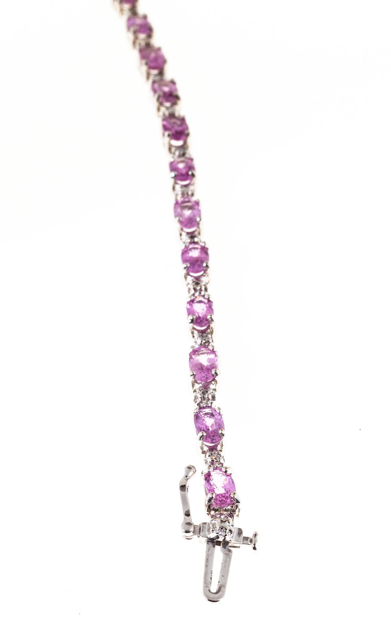 Modern Oval Pink Sapphire Round White Diamond Gold Hinged Link Bracelet