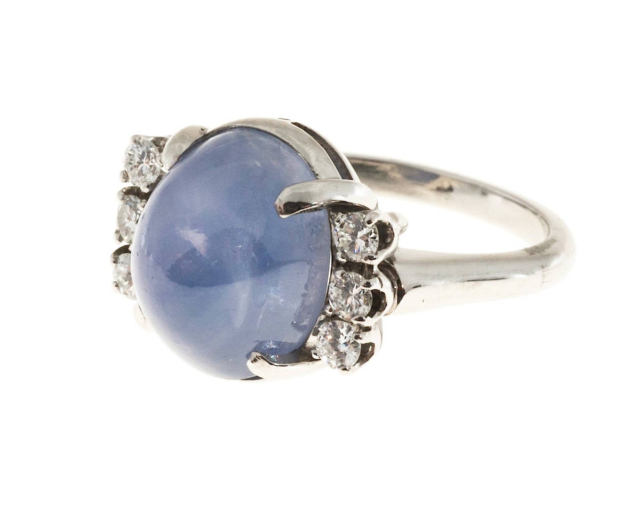 Natural Light Blue Star Cabochon Sapphire Diamond Platinum Ring In Good Condition In Stamford, CT