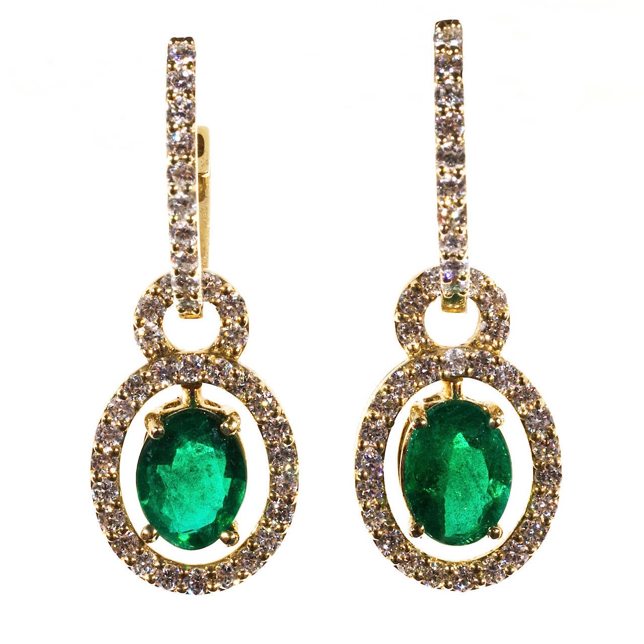 Emerald Diamond Gold Huggie Dangle Earrings For Sale at 1stdibs