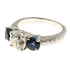 Peter Suchy Three Stone Old European Cut Diamond and Sapphire Platinum Ring 7