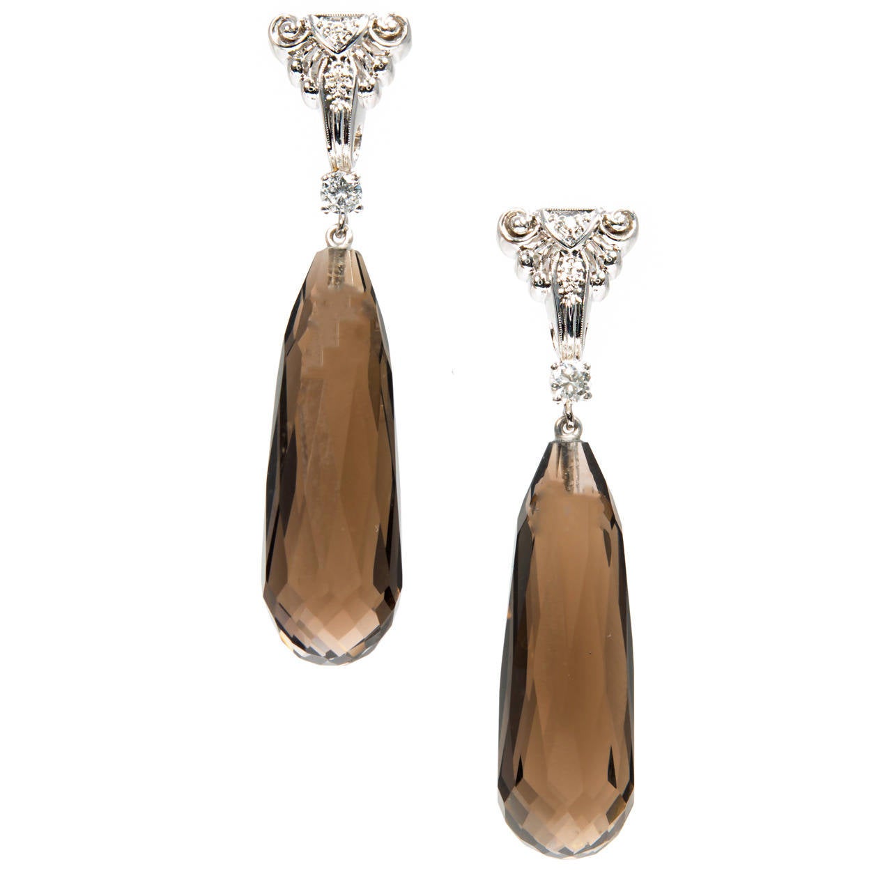 49.00 Carat Smoky Quartz Briolette Diamond Gold Dangle Earrings