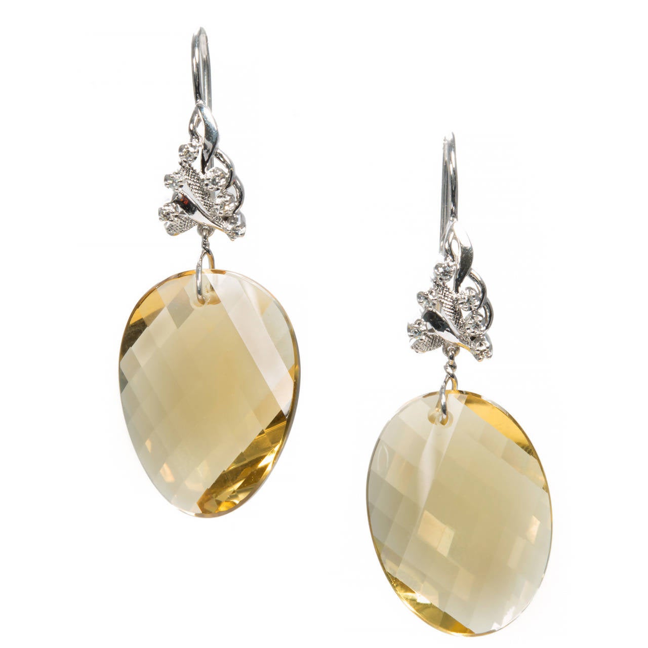 Swirl Faceted Natural Lemon Quartz And Diamond Dangle Earrings For Sale