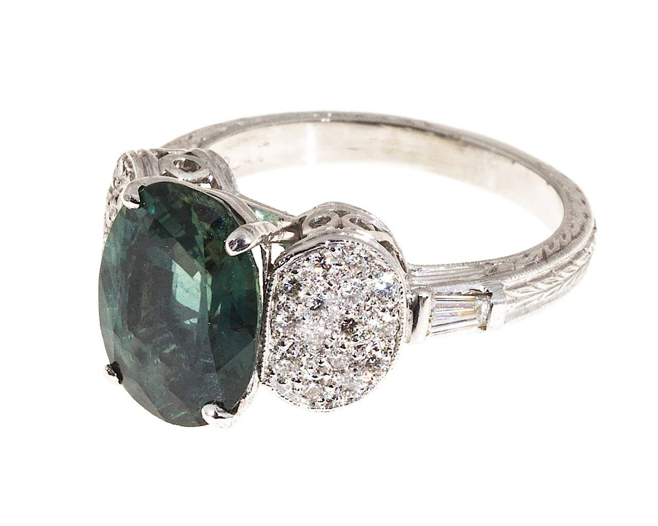 No Heat Bluish Green Sapphire and Diamond Pave Baguette Platinum Ring In Good Condition In Stamford, CT