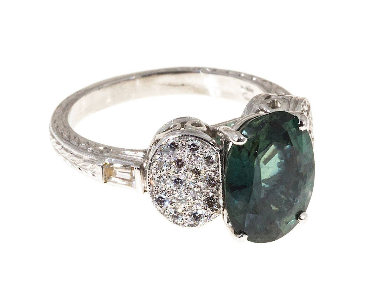 Modern No Heat Bluish Green Sapphire and Diamond Pave Baguette Platinum Ring