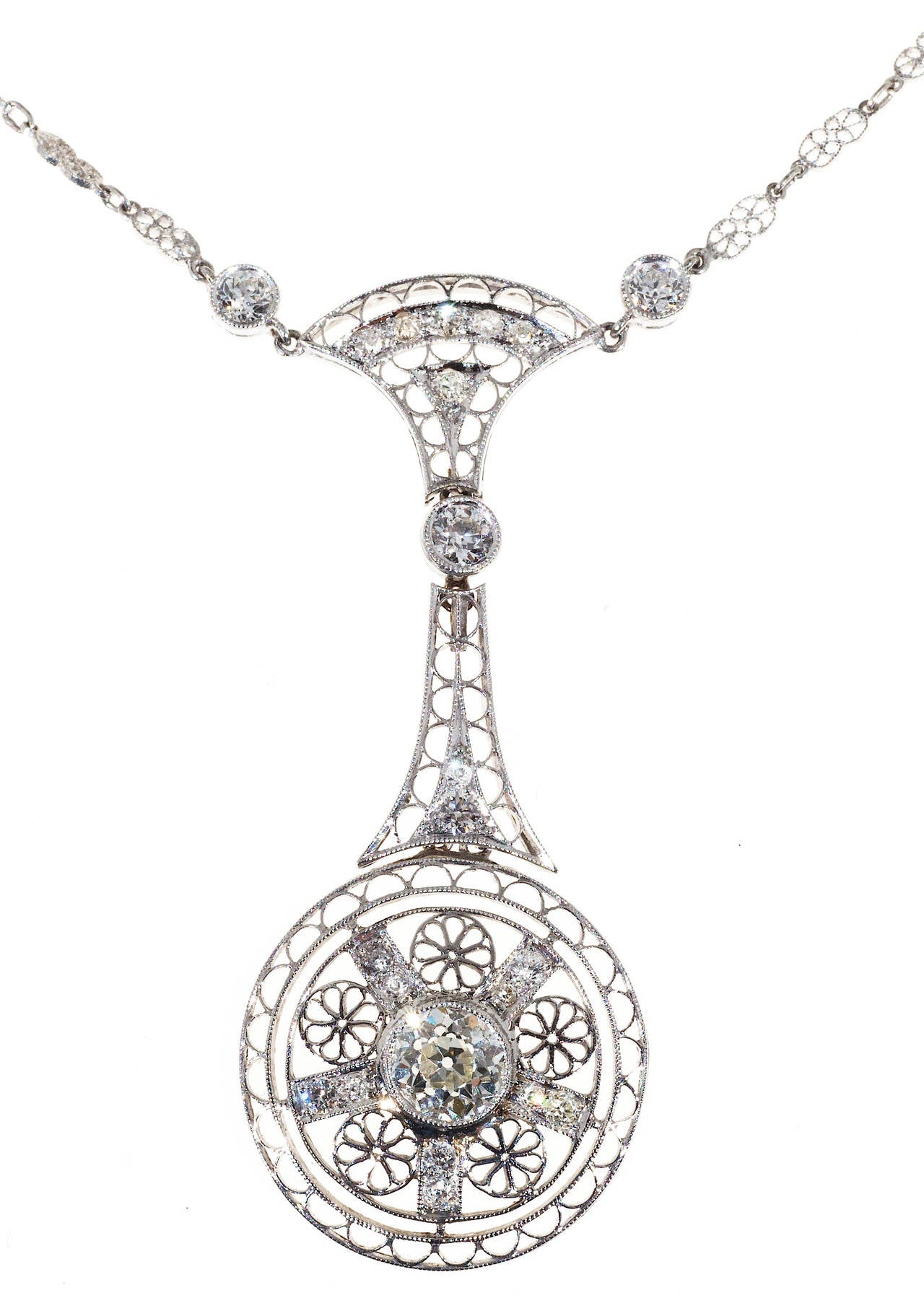 Victorian Old European Diamond Platinum Filigree Pendant Necklace For ...