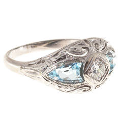Art Deco Shield Cut Aquamarine Diamond Gold Ring 5