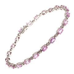 Oval Pink Sapphire Round White Diamond Gold Hinged Link Bracelet