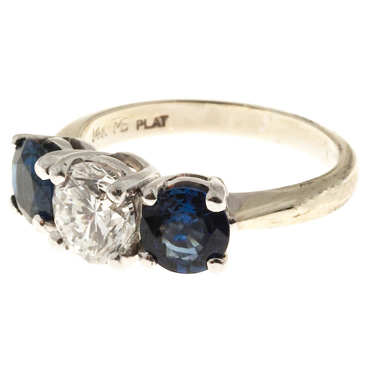 Three Stone Diamond and Blue Sapphire Platinum Gold Ring