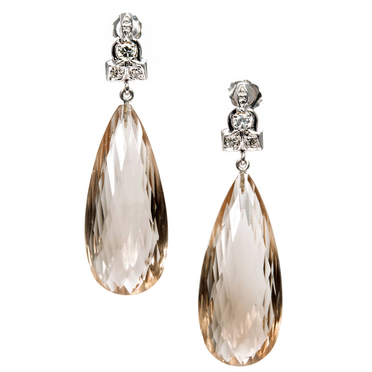 5.61 Carat Briolette Smoky Quartz Diamond Gold Dangle Earrings