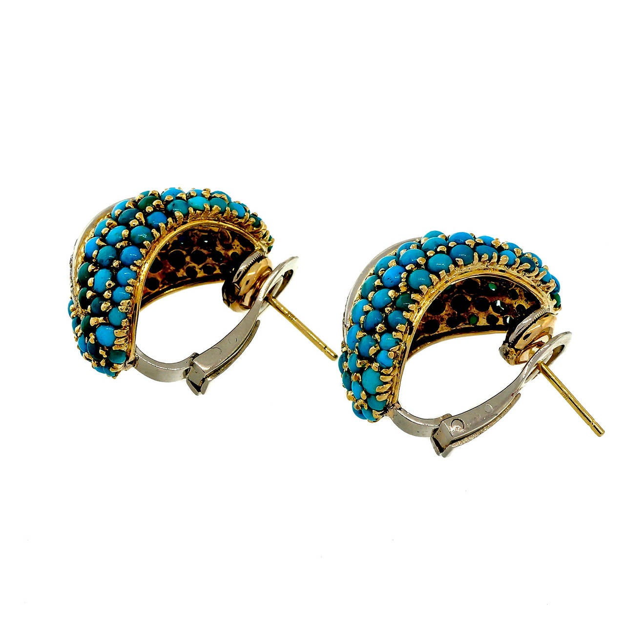 Natural untreated Persian Turquoise 18k yellow gold clip post earrings with white gold under the diamonds and on the clips. Circa 1950-1960.

160 round natural blue Turquoise 1.5 to 2mm
18 round single cut diamonds, approx. total weight .24cts,