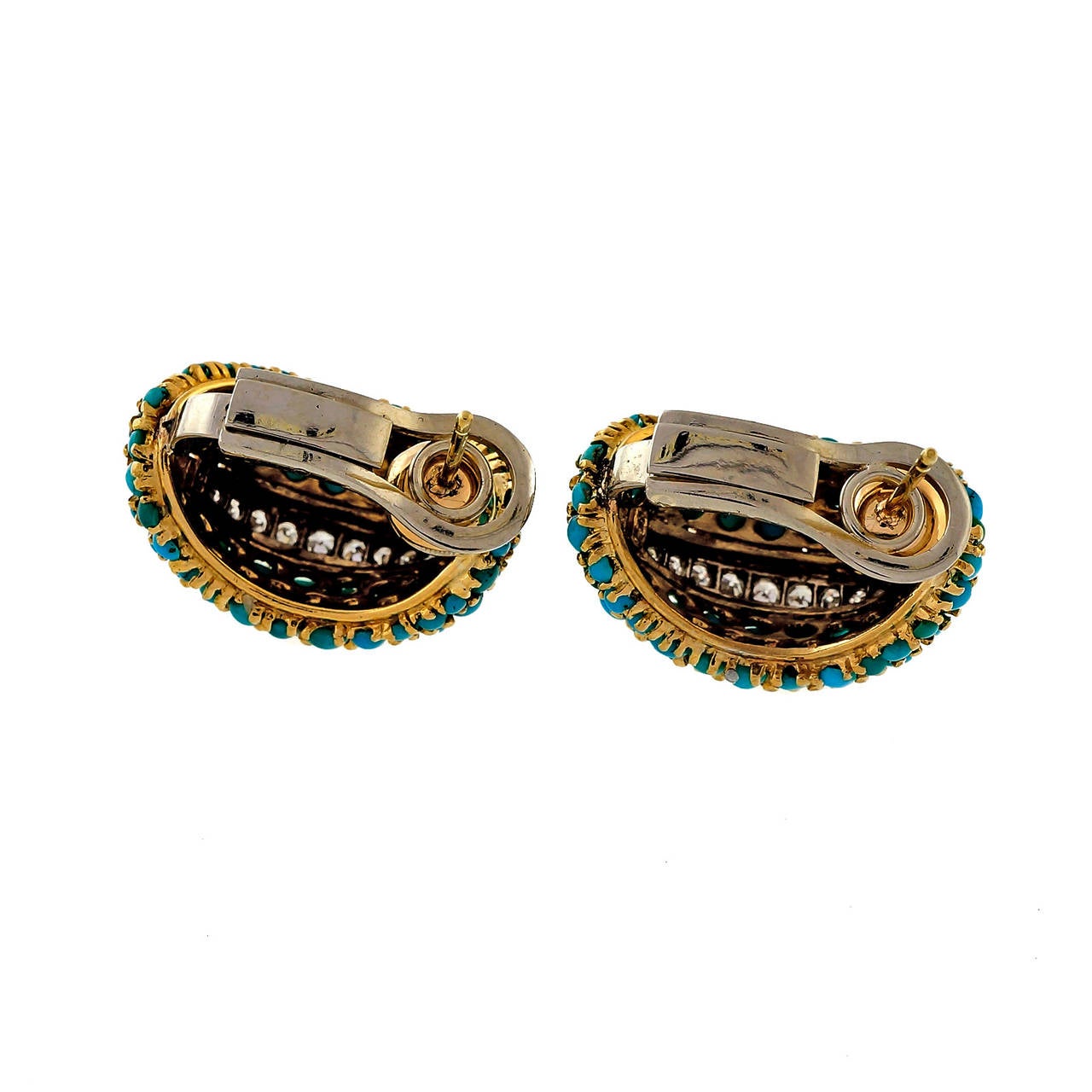 Retro Persian Turquoise Diamond  Gold Clip Post Earrings